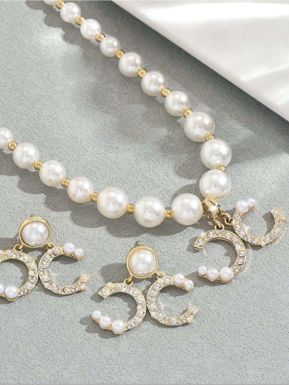Gold & Pearl CC Pendant Necklace and Earrings Set - NWOT - Picture 2 of 4